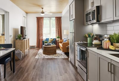 Bright and inviting common area of a senior living apartment