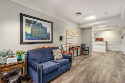 Interior view of a common area with seating and decor