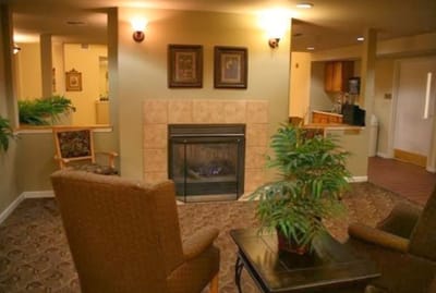 Cozy common area with fireplace and seating