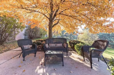 Outdoor seating area under a tree with fall foliage