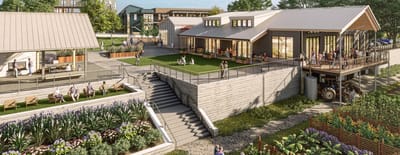 Residents enjoying an outdoor space with landscaped areas