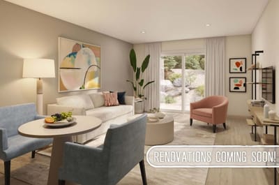 Brightly lit common area with modern decor