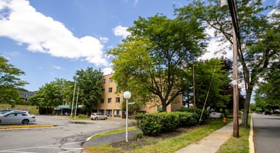 View of the exterior of Waterview Villa with trees and parking