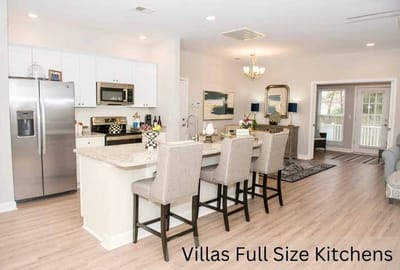 Modern kitchen with seating and appliances