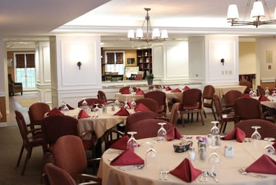 Dining area with neatly arranged tables and decor