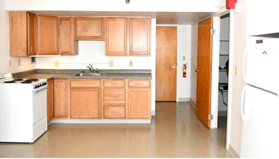 Interior view of a kitchen in a facility apartment