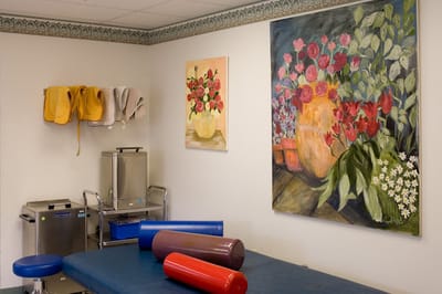 Interior view of a room with art and exercise equipment