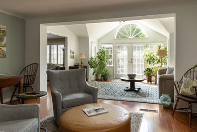 Bright common area with plants and seating