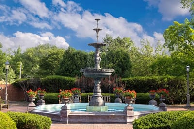 Outdoor fountain surrounded by greenery and flowers
