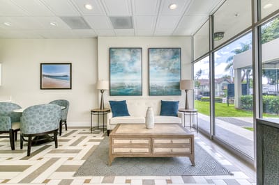 Comfortable interior with seating and artwork