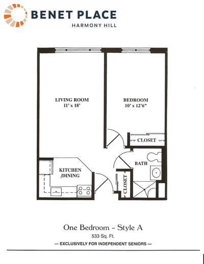 Architectural floor plan for a one-bedroom unit