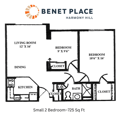 Architectural floor plan of a small 2-bedroom unit