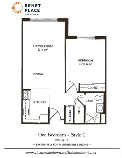 Architectural floor plan of a one-bedroom unit