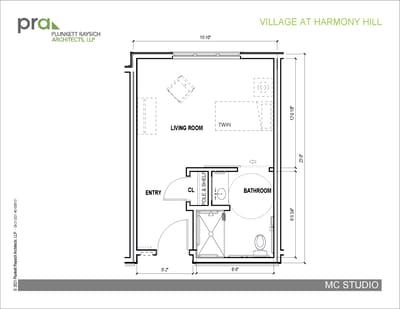 Architectural floor plan of a resident living unit