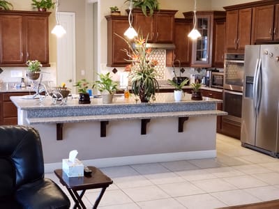 Bright kitchen area with plants and cabinets