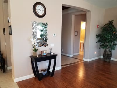 Bright lobby area with a decorative mirror and plants