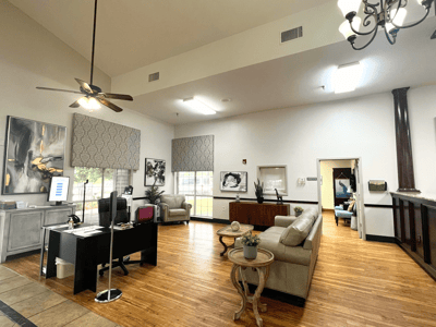 Bright and welcoming lobby with seating and reception area