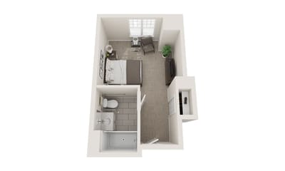 Floor plan layout of a private resident room