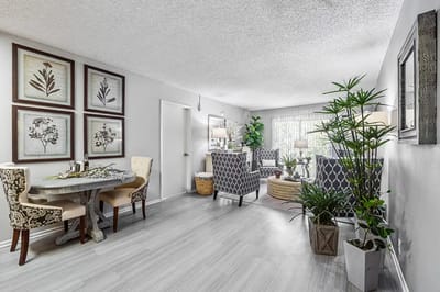 Bright interior common area with seating and decor
