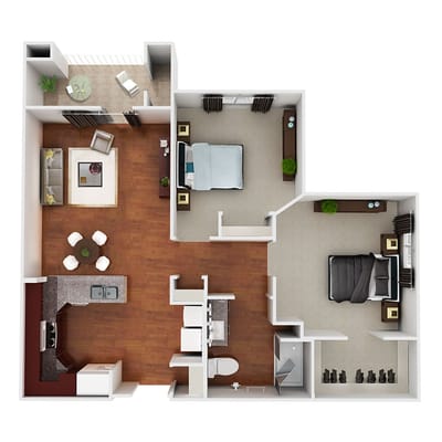 Architectural floor plan of a two-bedroom unit