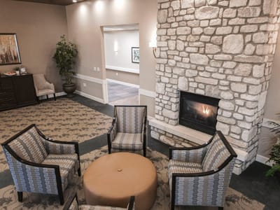 Cozy common area with fireplace and seating