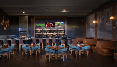 Interior view of a dining area with bar seating