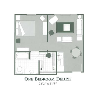 Architectural floor plan of a one-bedroom deluxe unit