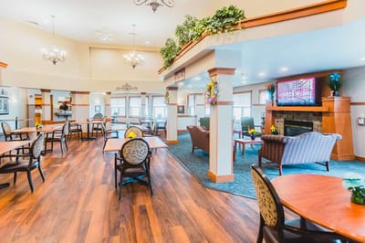 Bright common area with seating and decorations
