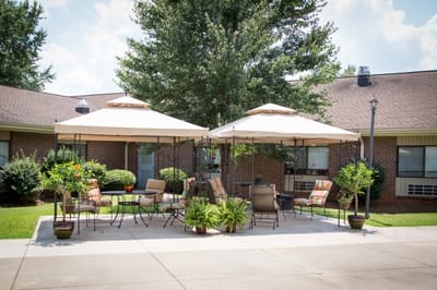 Outdoor seating area with canvas canopies and plants