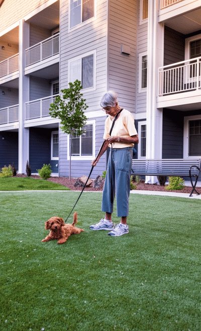 A resident walking a dog in the outdoor area