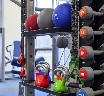 Weights and exercise equipment in a fitness area