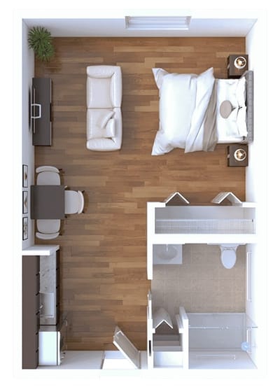 Floor plan of a private resident room with furniture layout