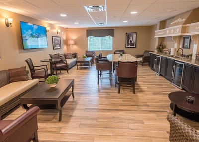 Bright interior common area with seating and decor