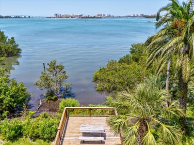 Outdoor seating area overlooking the water
