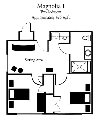 Architectural floor plan of a two-bedroom unit