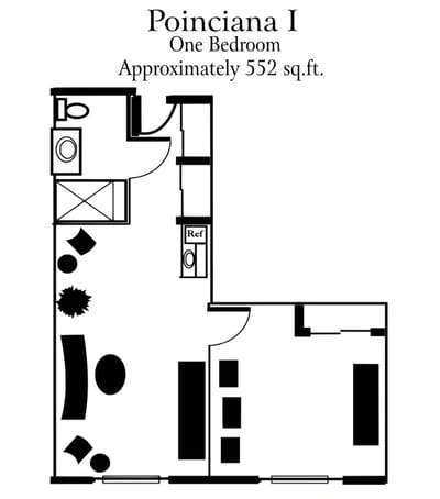 Architectural floor plan of a one-bedroom unit
