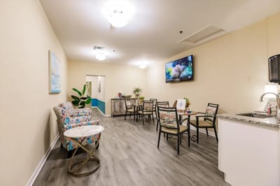 Bright interior space with seating and decor