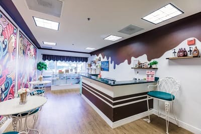 Interior view of a fun ice cream parlor area