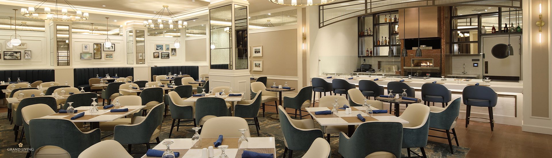 Elegant dining room with tables set for residents