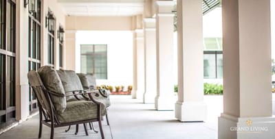 Exterior seating area with views of the walkway