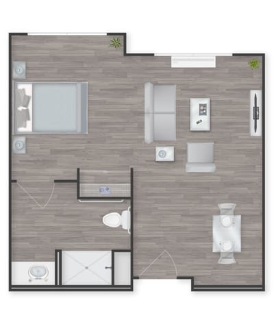Architectural floor plan of a one-bedroom unit