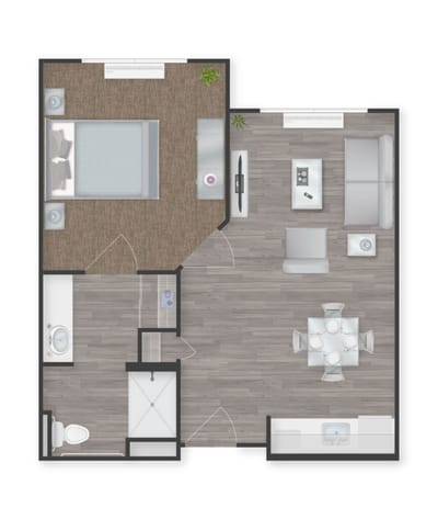 Architectural floor plan of a one-bedroom unit