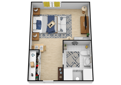 A floor plan of a resident room with furnishings