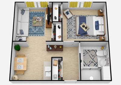 Stylized floor plan of a senior living unit
