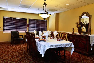 Dining area with a table set for a meal