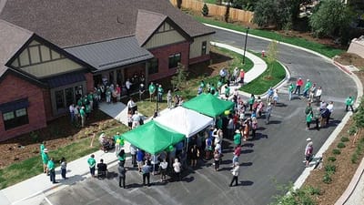 Aerial view of a community celebration with many attendees