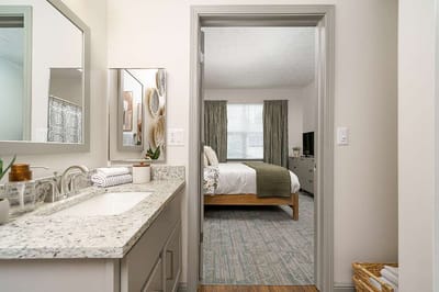 View of a private resident room with bathroom