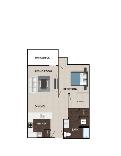Architectural floor plan of a one-bedroom unit