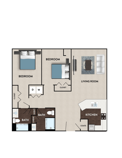 Architectural floor plan of a two-bedroom layout