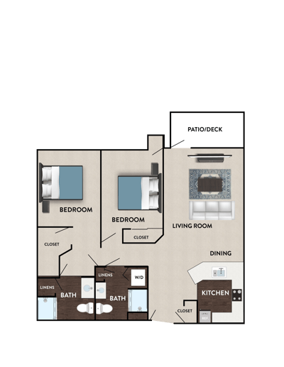 Architectural floor plan of a two-bedroom unit
